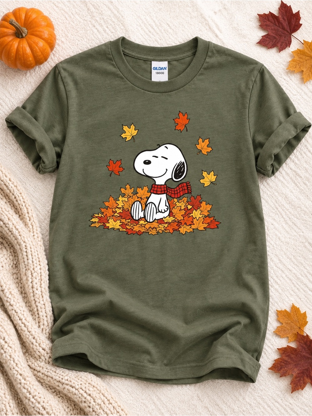 Autumn Dog Shirt Fall Leaves Pile Red Scarf Graphic Tee Gildan Military Green